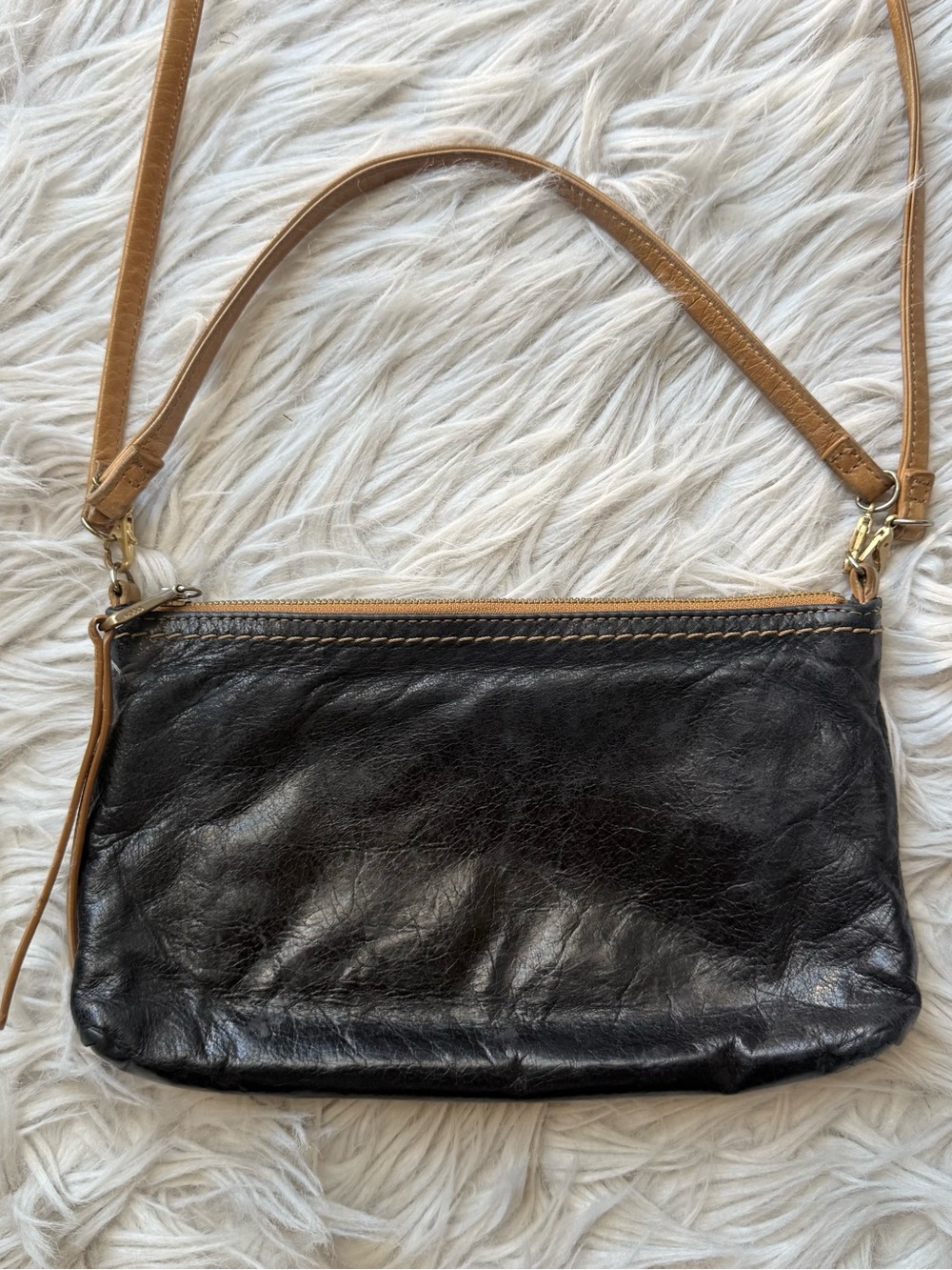 HOBO Black Leather Crossbody Shoulder Purse Bag Tan Strap Distressed Boho Y2K